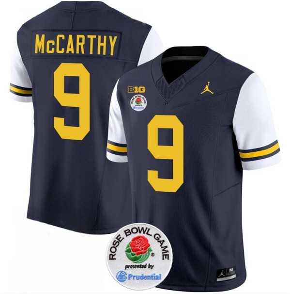 Men's Michigan Wolverines #9 J.J. McCarthy 2023 F.U.S.E. Navy White Rose Bowl Patch Stitched Jersey Dzhi